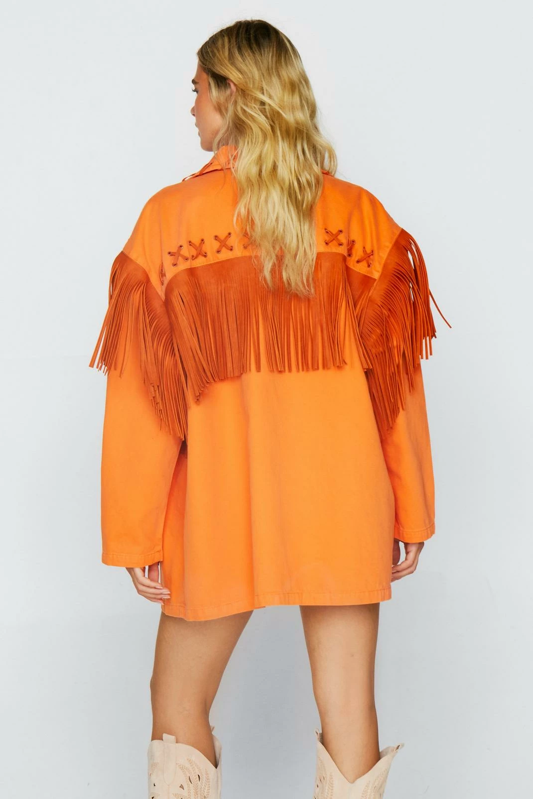 Going Out Jackets Premium Lattice Fringe Denim Jacket - Image 6