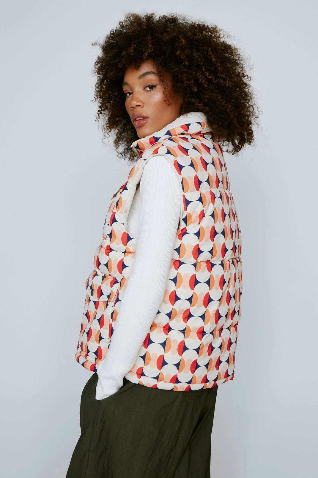 Puffer Vests Recycled Reversible Retro Print Padded Puffer Vest - Image 3