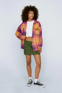 Shackets Vibrant Check Print Brushed Collared Shacket
