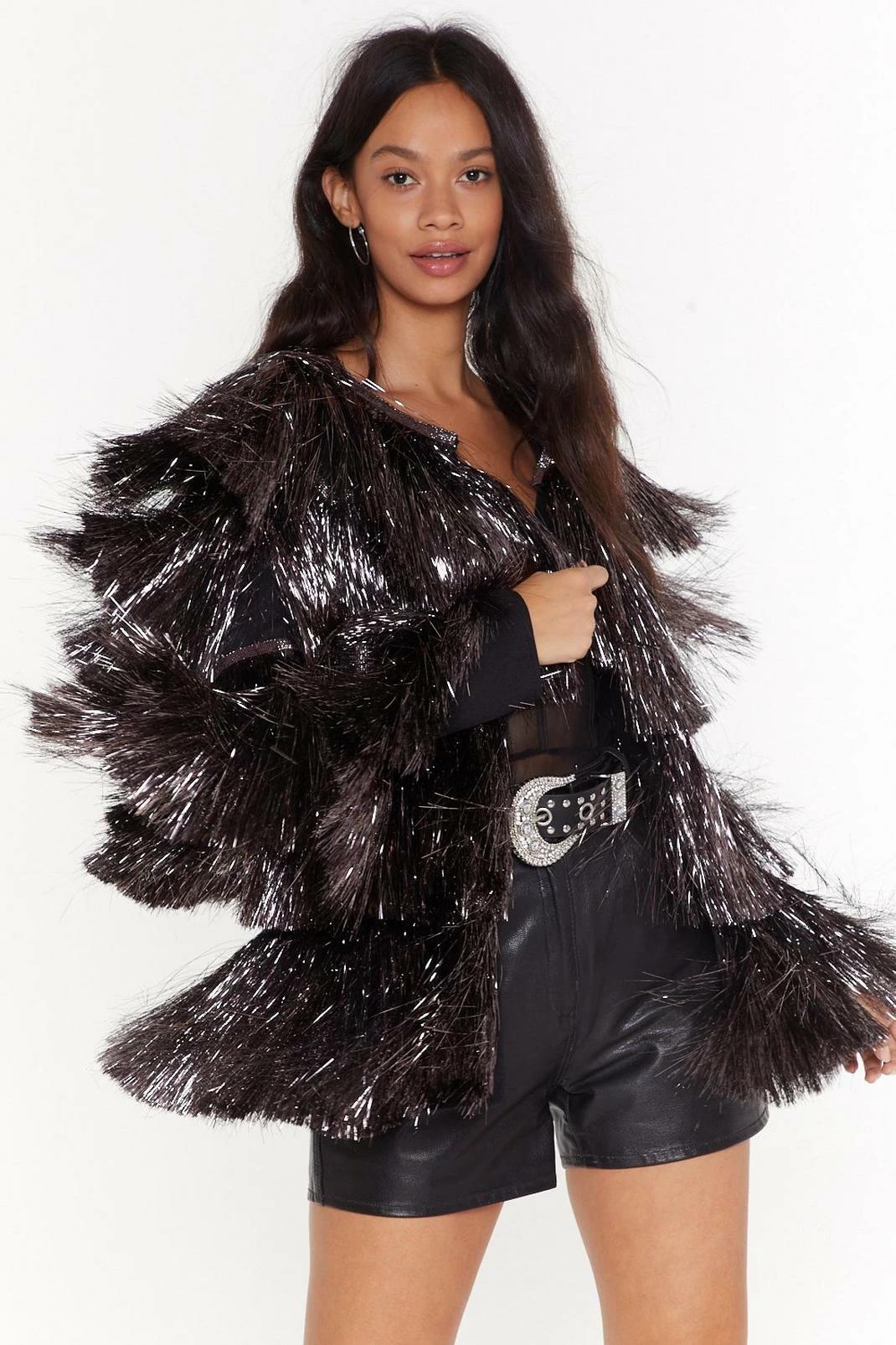 Going Out Jackets Metallic Tiered Tinsel Fringe Open Front Jacket