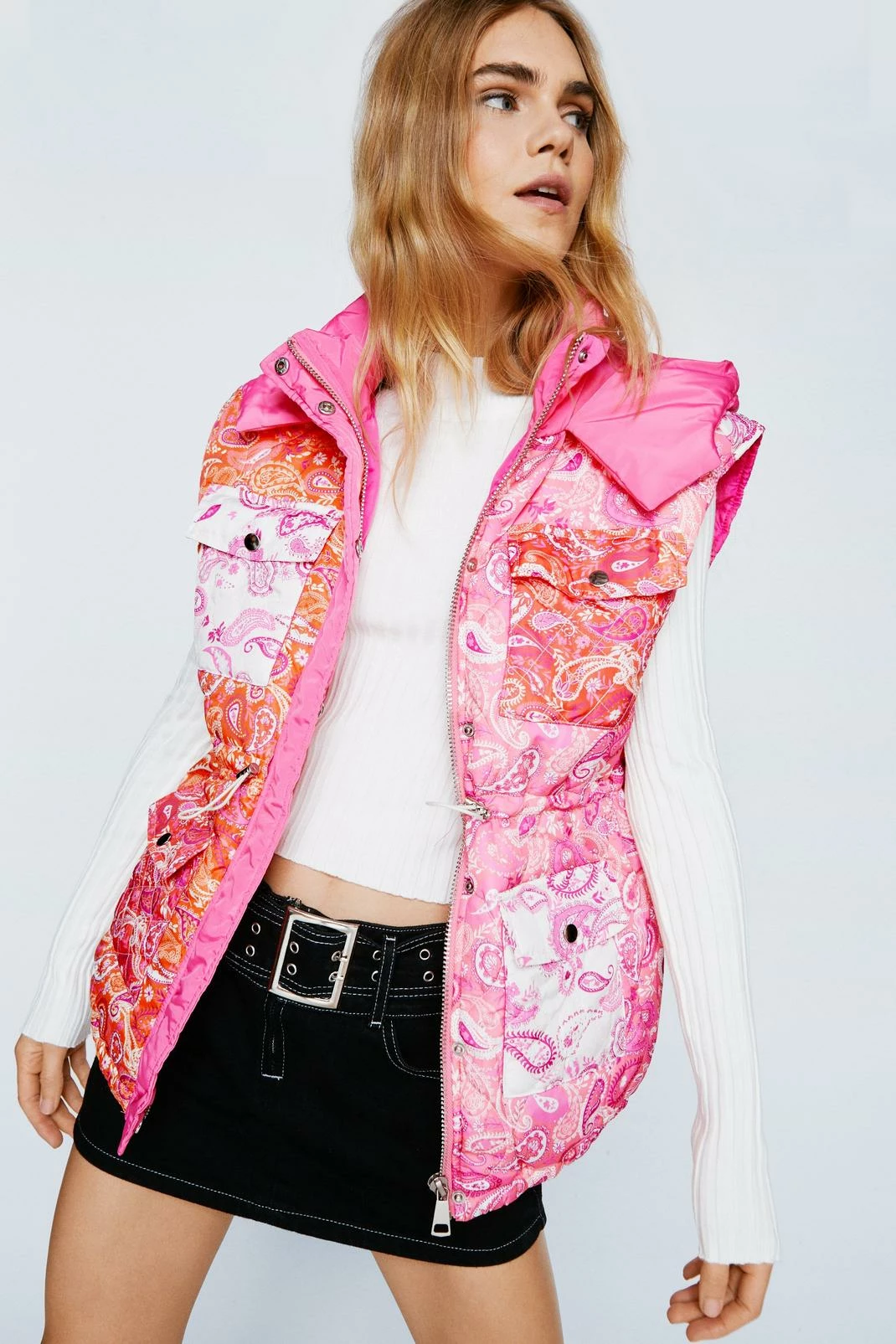 Puffer Vests Colorblock Paisley Print Padded Puffer Vest - Image 2