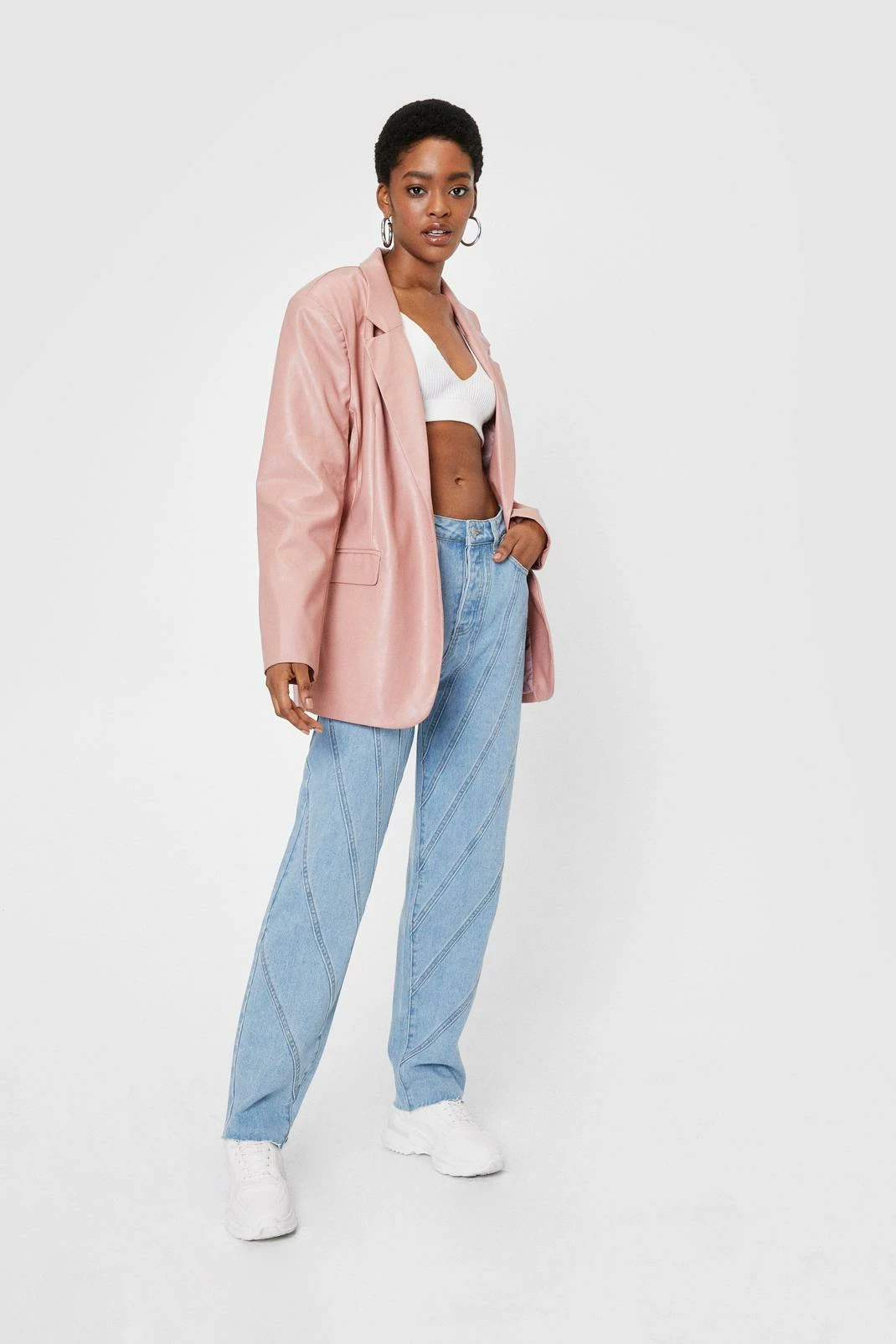 Real & Faux Leather Outfits Oversized Button Down Faux Leather Blazer