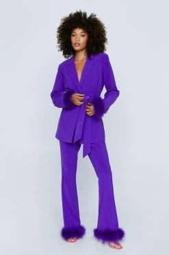 Two Piece Sets Belted Blazer With Feather Cuffs