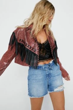 Real Leather Jackets Real Leather Snake Print Fringe Crop Jacket