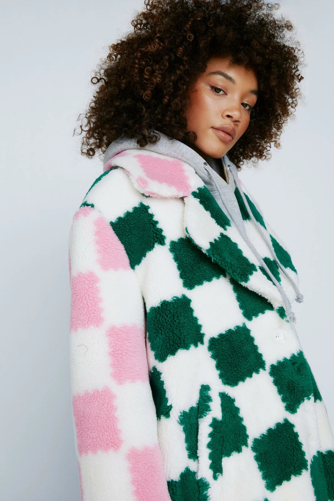 Faux Fur Coats Motocross Checkerboard Borg Fur Coat - Image 5