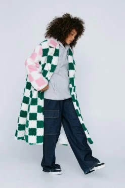 Faux Fur Coats Motocross Checkerboard Borg Fur Coat