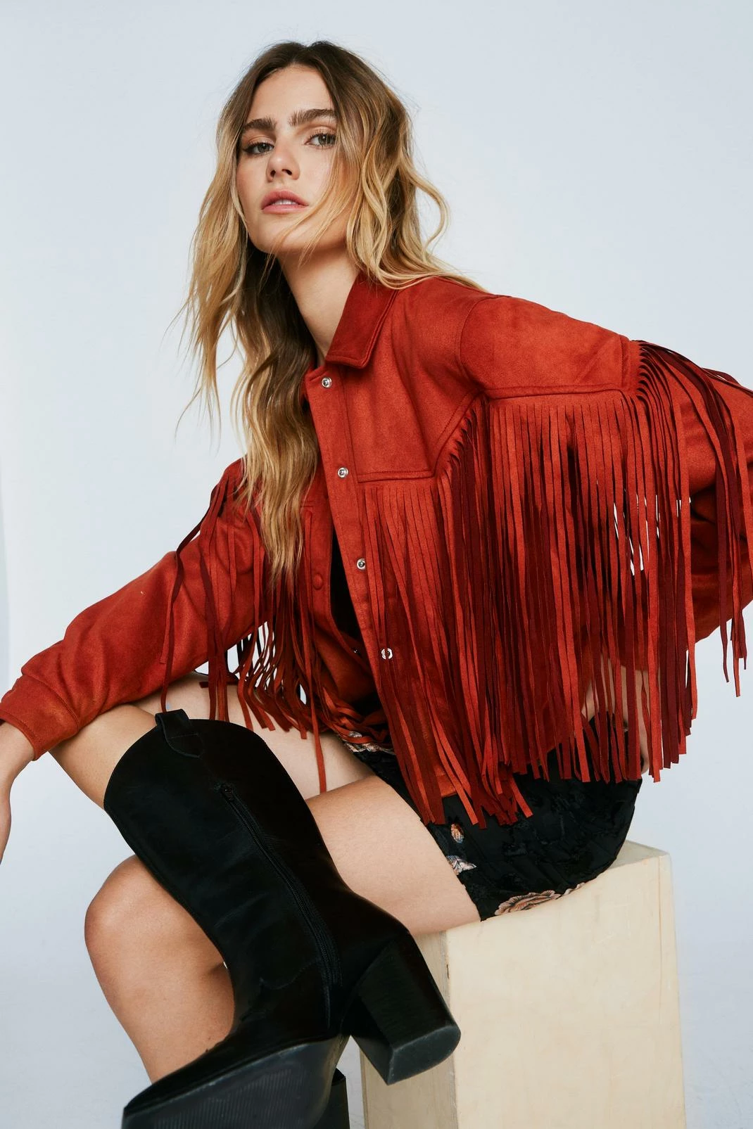 Winter Outfits Faux Suede Fringe Detail Western Jacket - Image 5