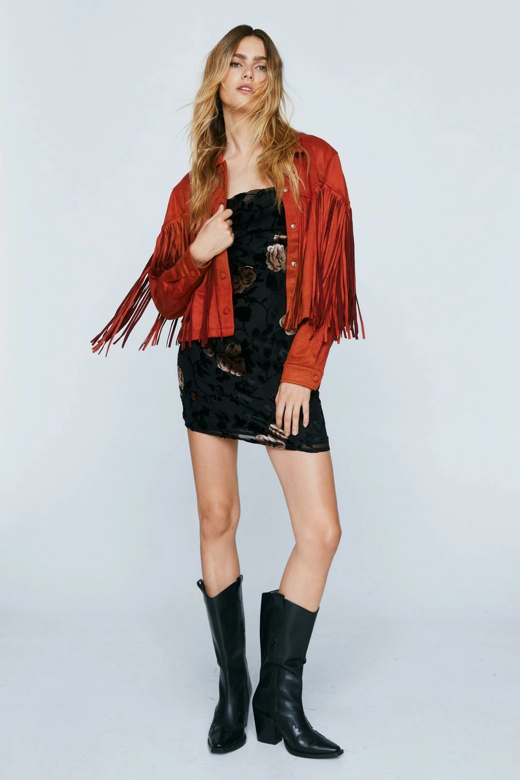 Winter Outfits Faux Suede Fringe Detail Western Jacket - Image 4