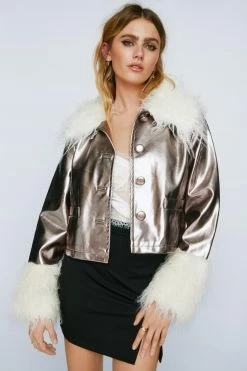 Going Out Jackets Metallic Faux Leather Fur Trim Jacket