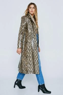 Going Out Jackets Faux Leather Snake Print Longline Coat