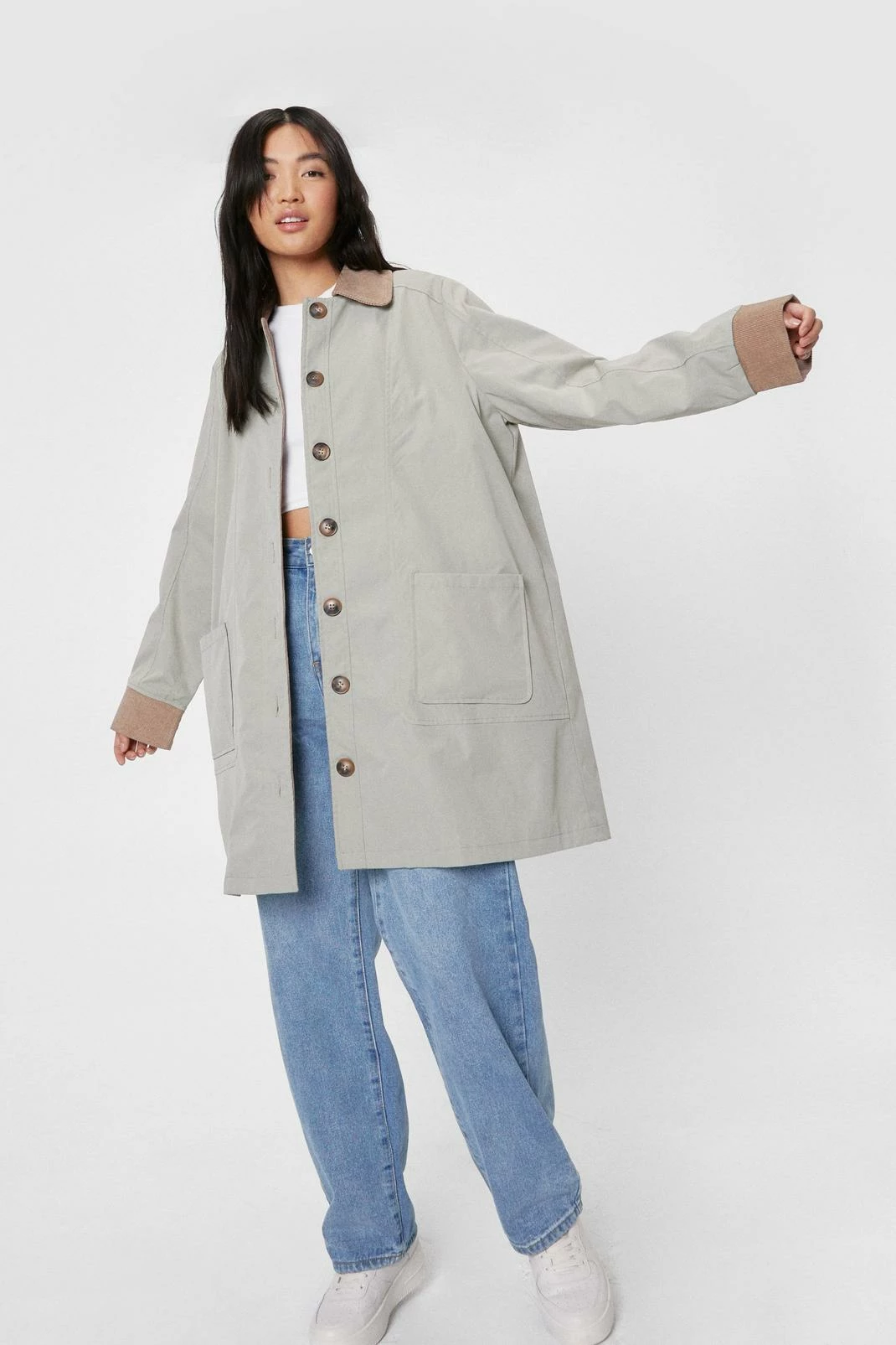 Duster + Trench Coats Corduroy Collar Button Down Longline Jacket - Image 2