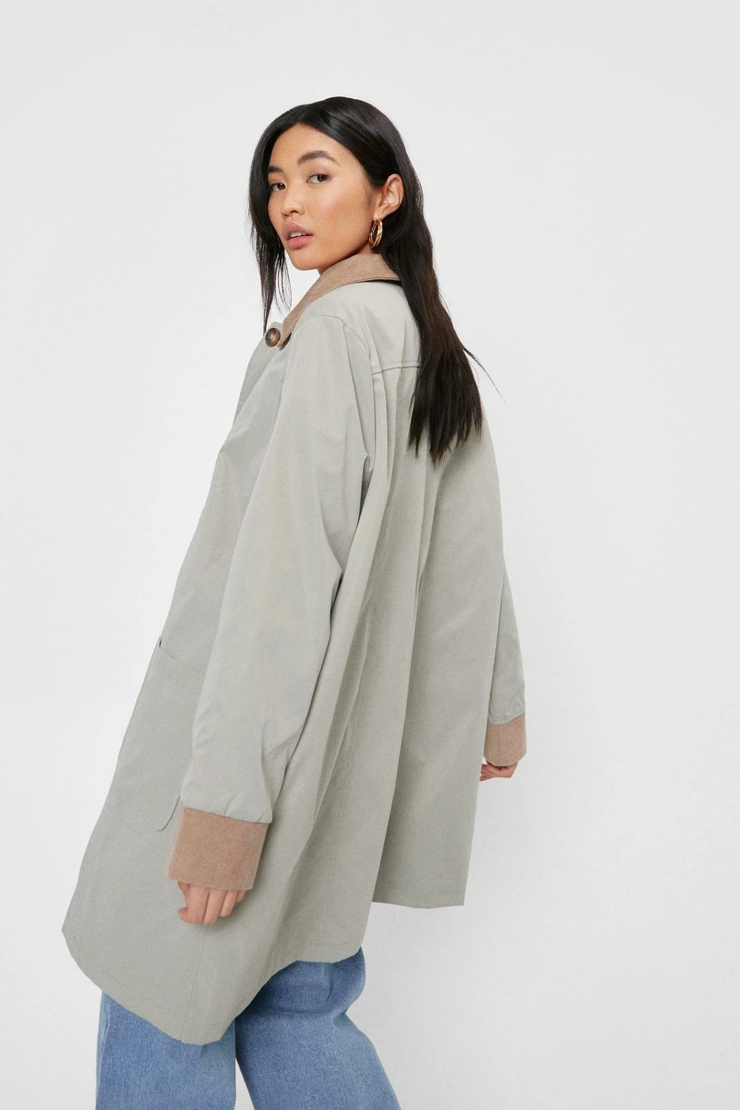Duster + Trench Coats Corduroy Collar Button Down Longline Jacket - Image 3