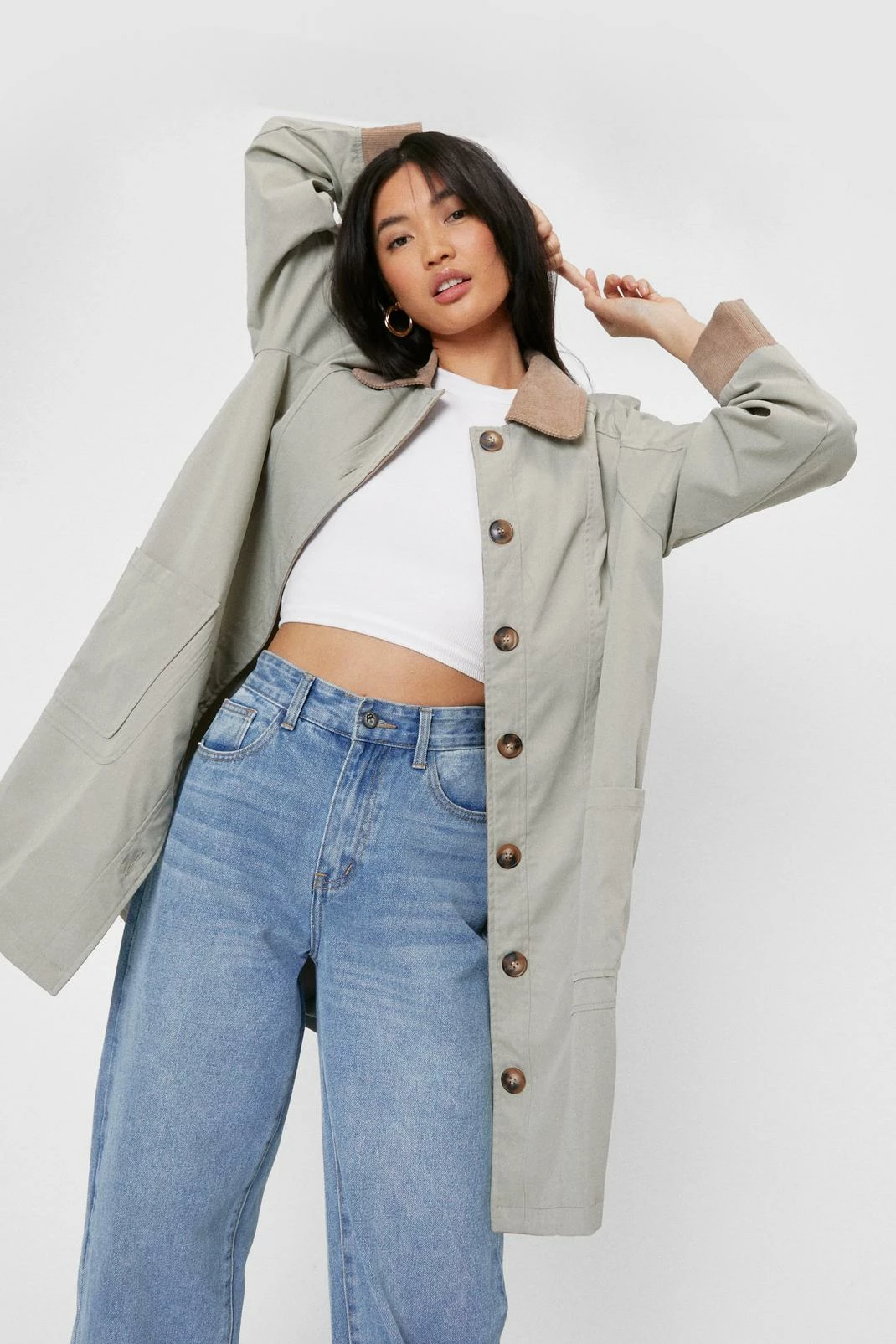 Duster + Trench Coats Corduroy Collar Button Down Longline Jacket - Image 7