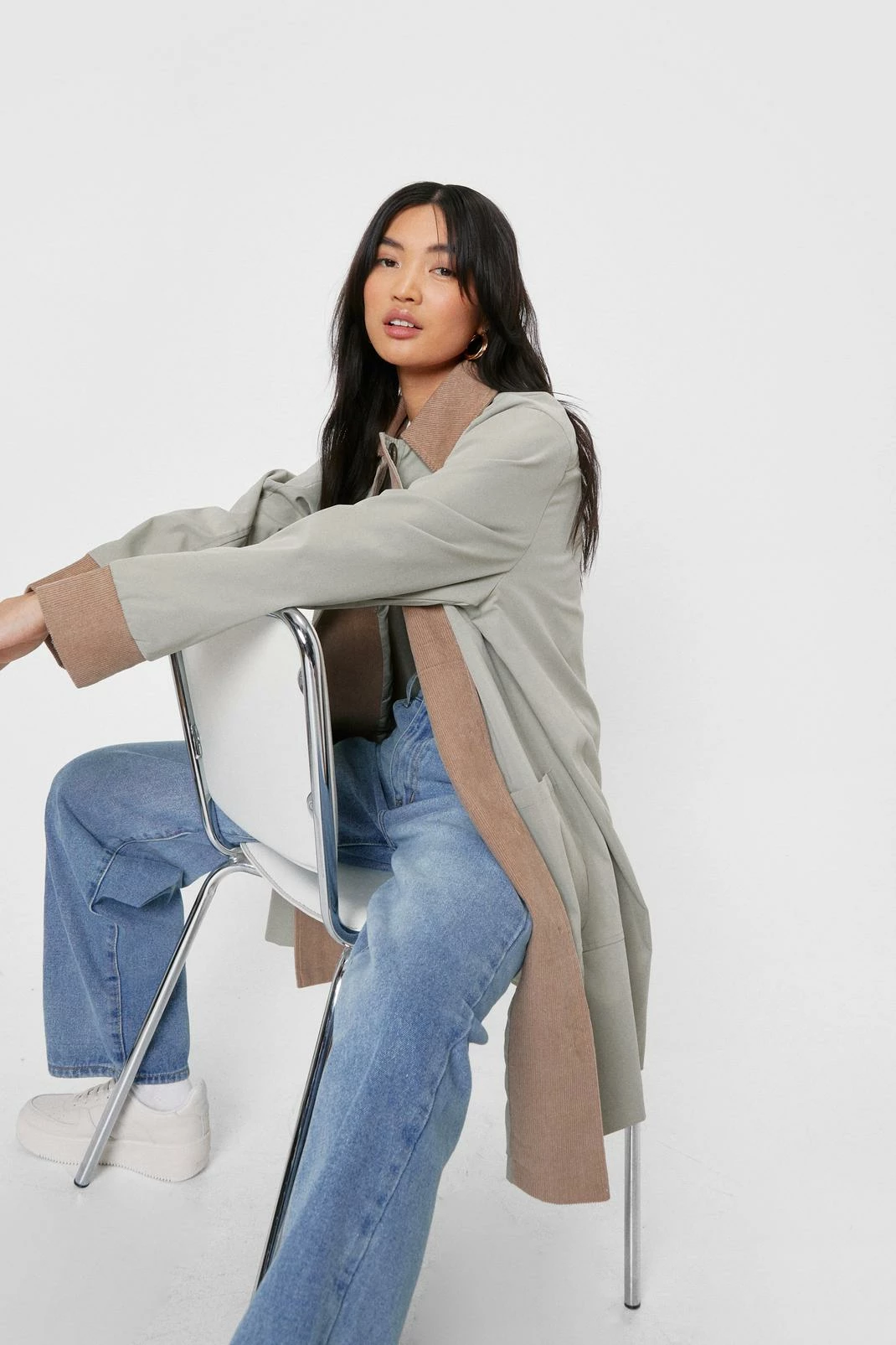 Duster + Trench Coats Corduroy Collar Button Down Longline Jacket