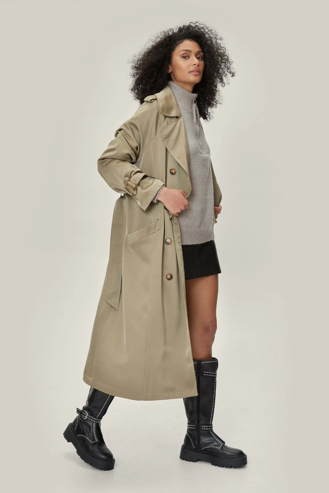 Duster + Trench Coats Satin Longline Double Breasted Belted Trench Coat - Image 2