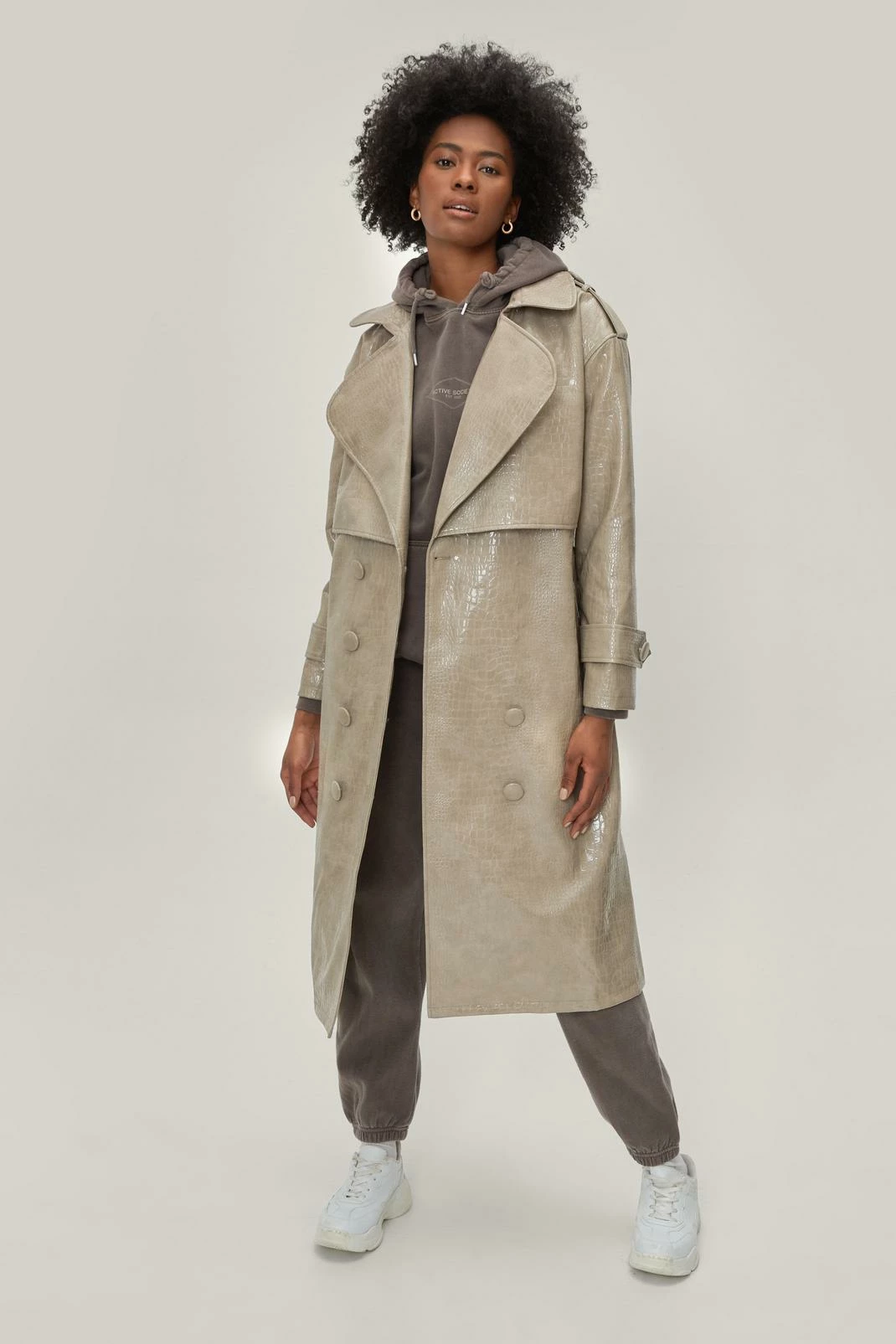 Duster + Trench Coats Faux Leather Croc Embossed Belted Trench Coat - Image 7