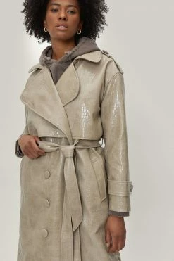 Duster + Trench Coats Faux Leather Croc Embossed Belted Trench Coat
