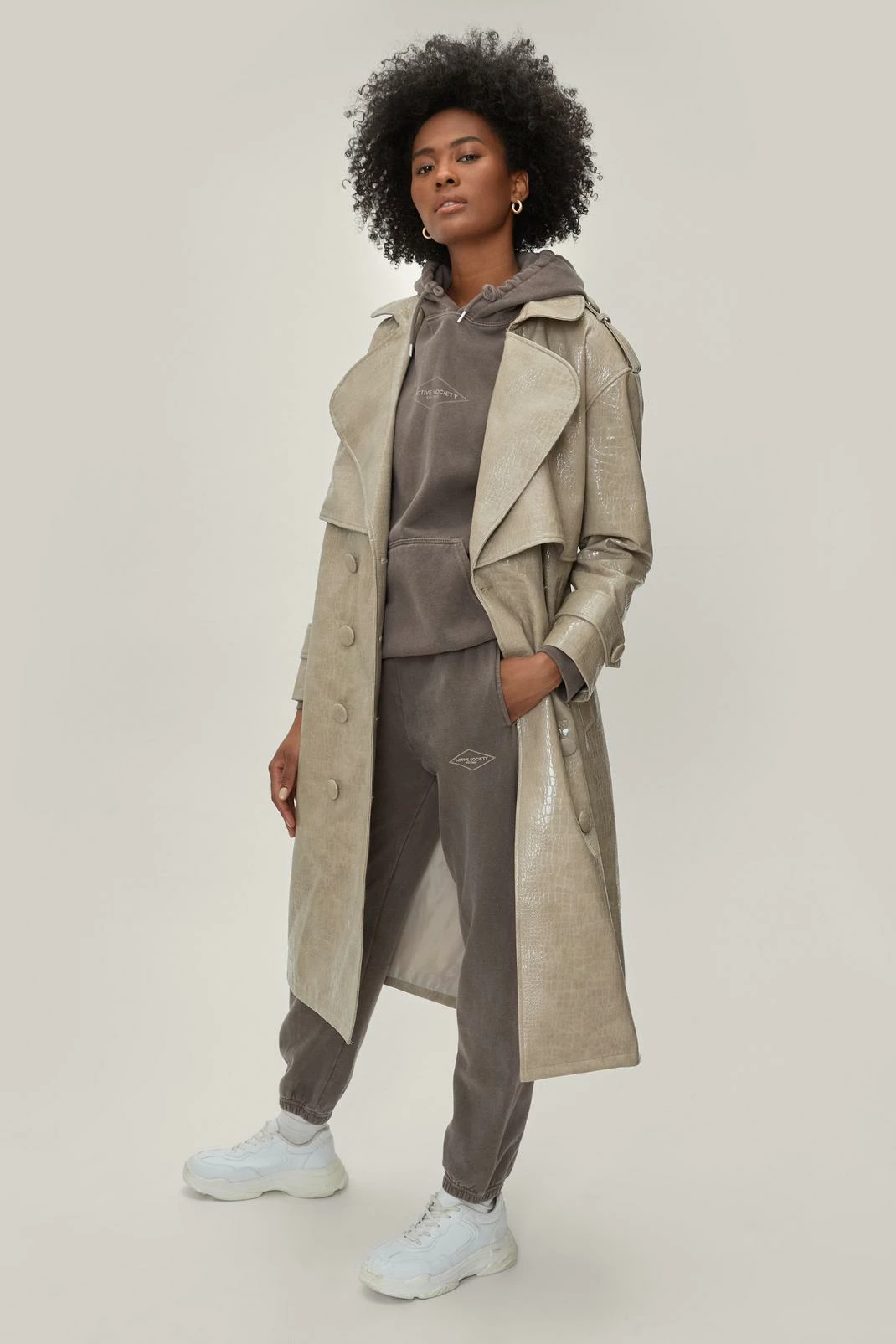 Duster + Trench Coats Faux Leather Croc Embossed Belted Trench Coat - Image 2