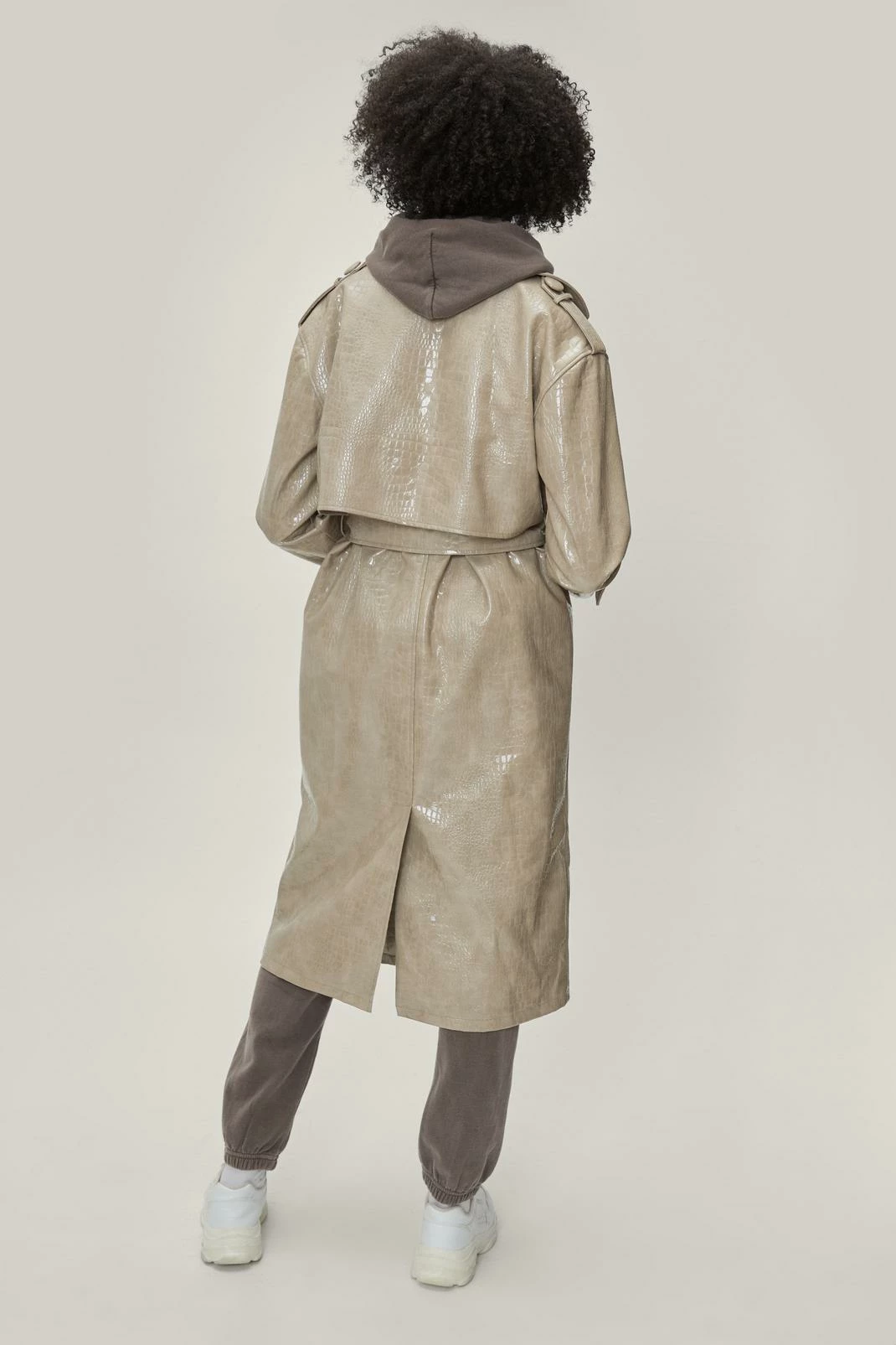 Duster + Trench Coats Faux Leather Croc Embossed Belted Trench Coat - Image 3