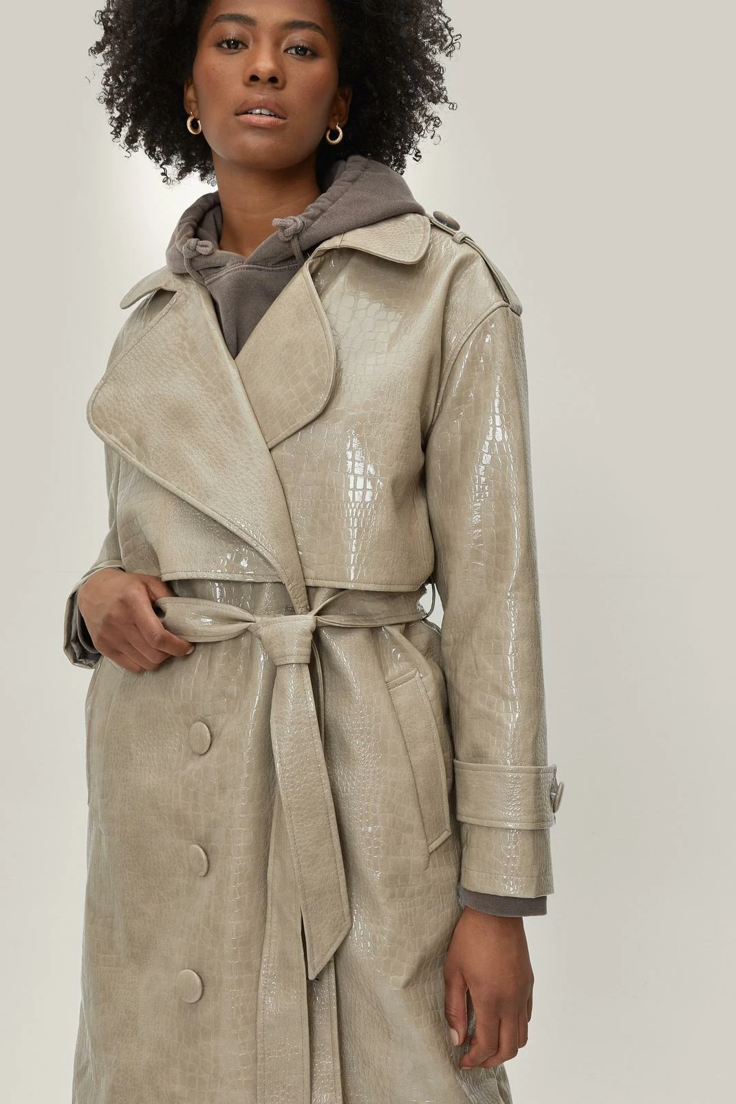 Duster + Trench Coats Faux Leather Croc Embossed Belted Trench Coat