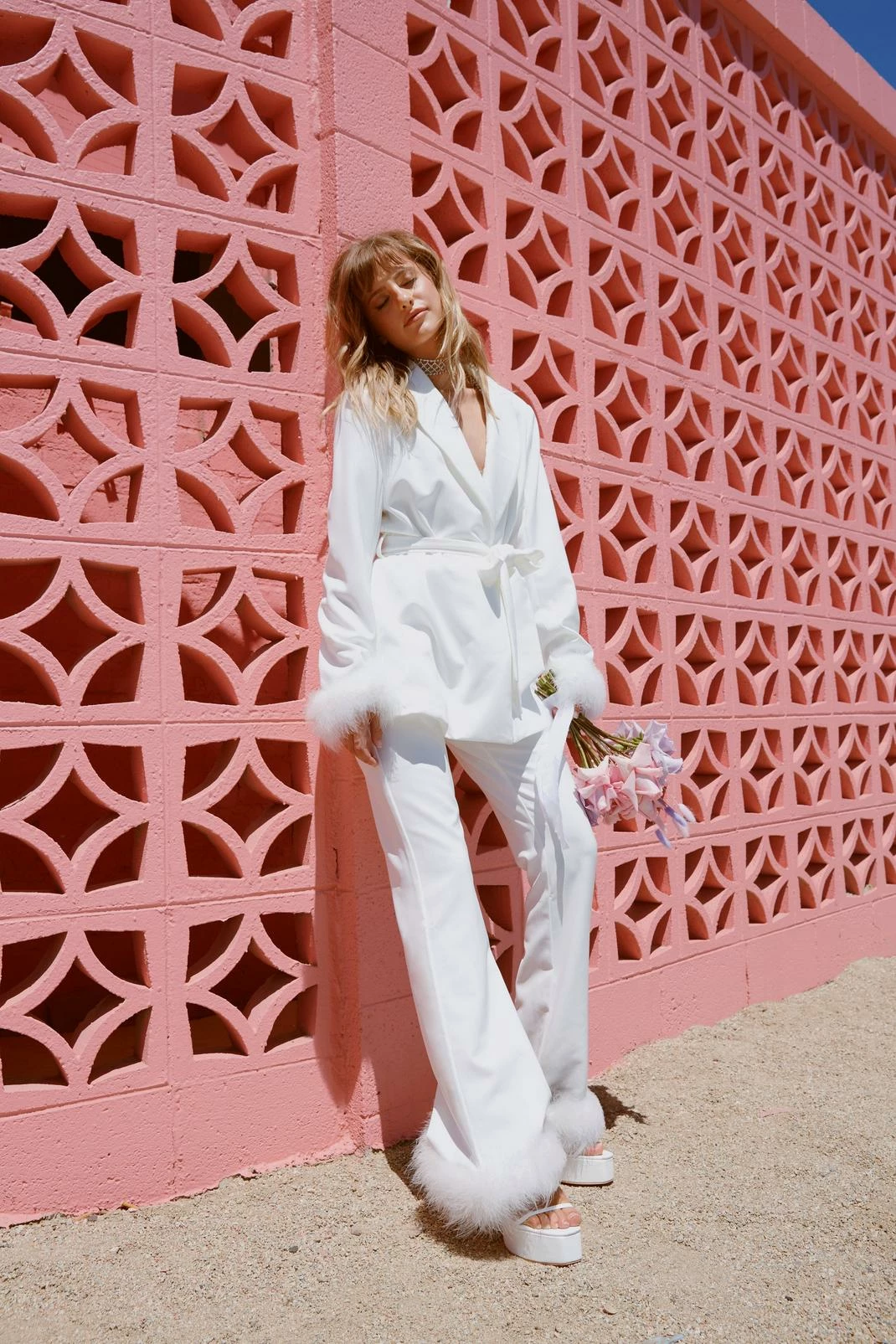 Two Piece Sets Belted Blazer With Feather Cuffs - Image 8